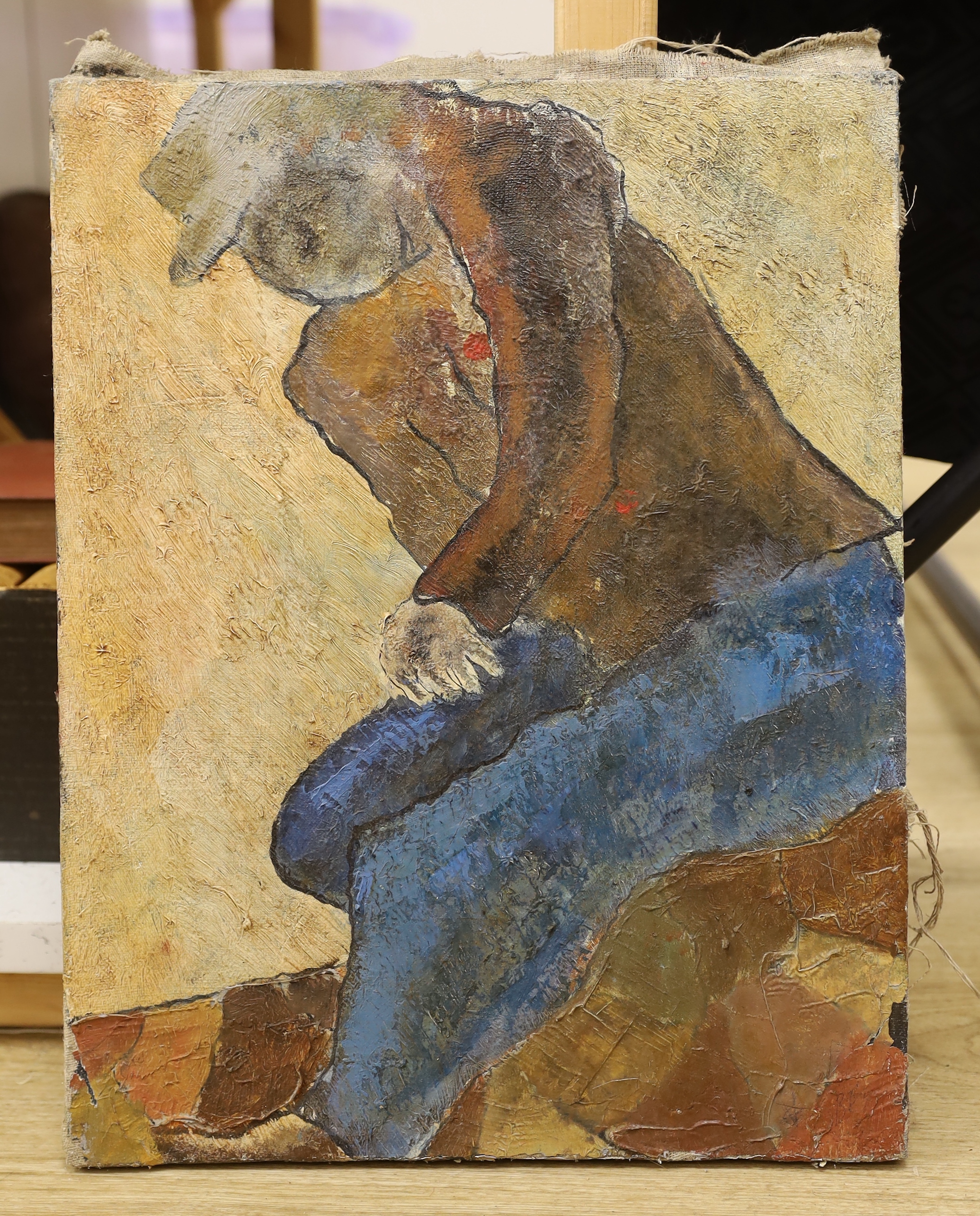 Continental School, oil on canvas, Study of a seated figure, 45 x 35cm, unframed